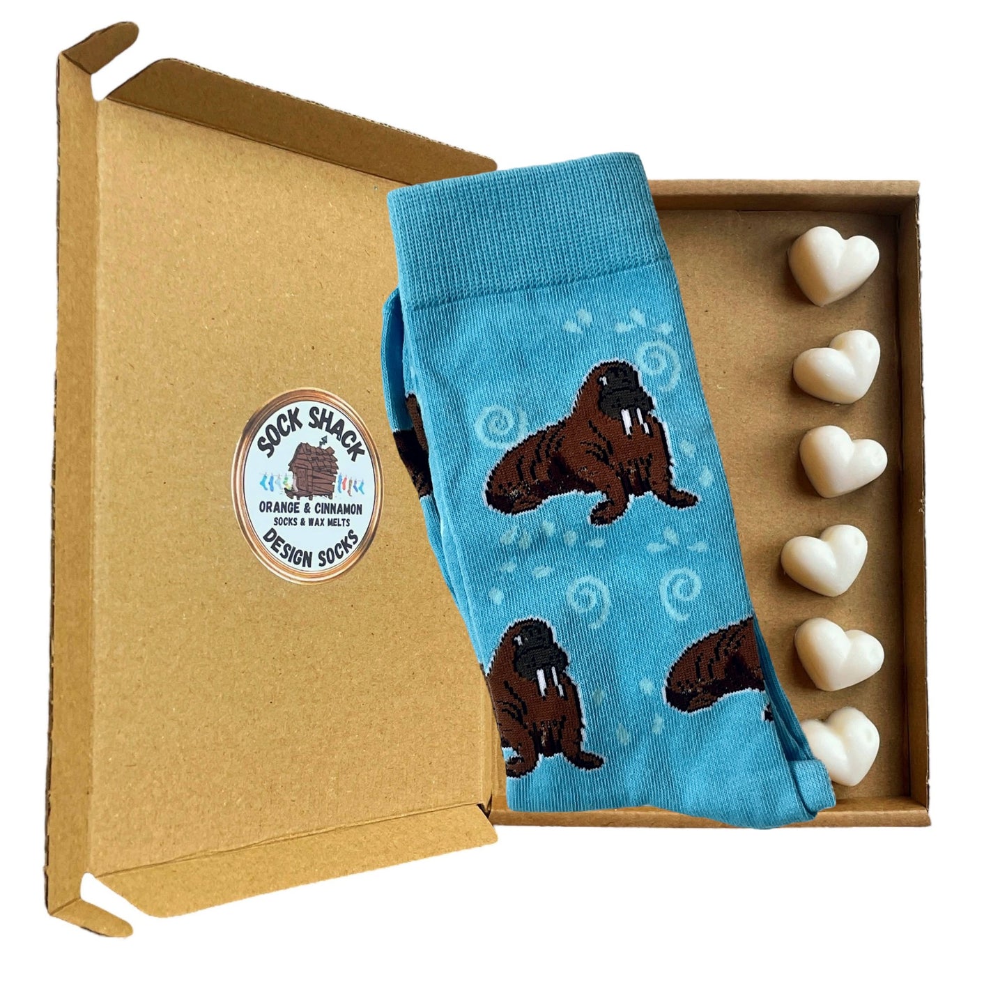 Geschenkset „Huddle of Walruses“ für Herren, blaue Walrosssocken und Duftwachs zum Schmelzen, Duftauswahl