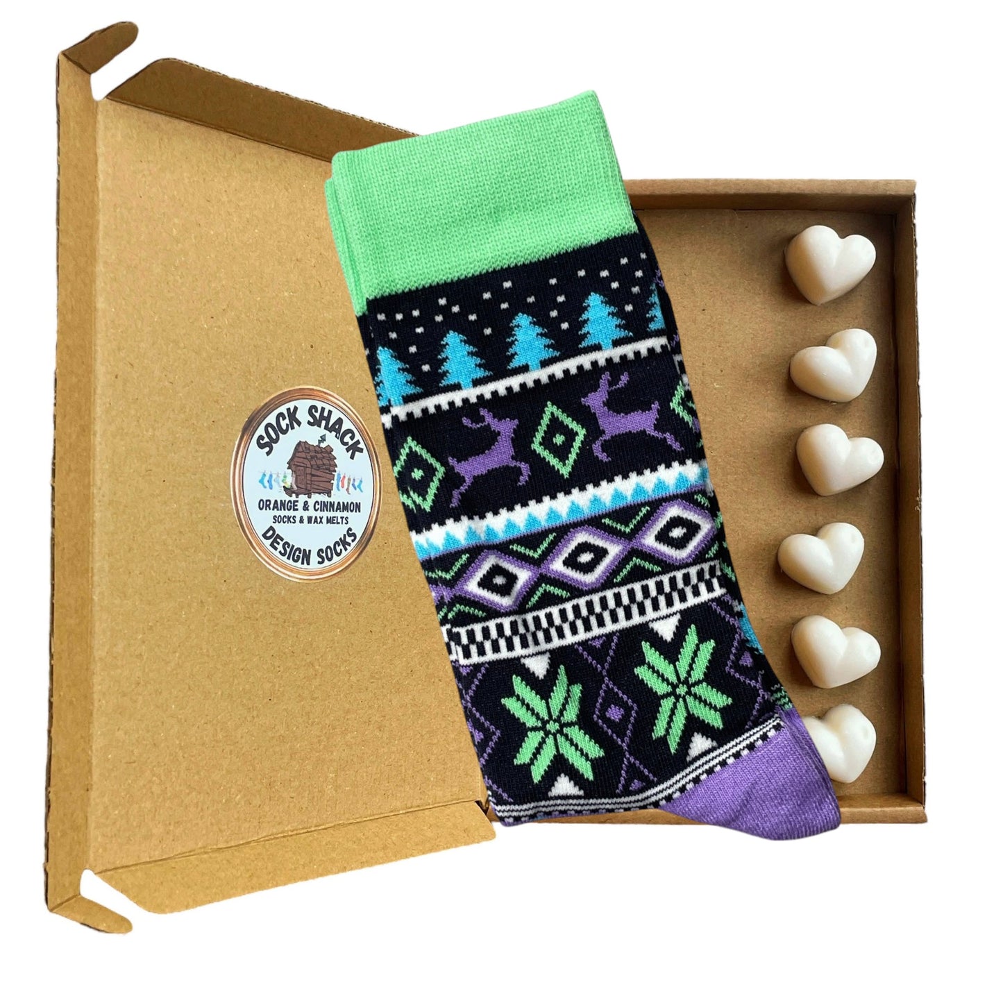 Traditionelle Weihnachtssocken für Herren im Fairisle-Stil mit Rentiermotiv und Duftwachs zum Verschenken, Duftauswahl