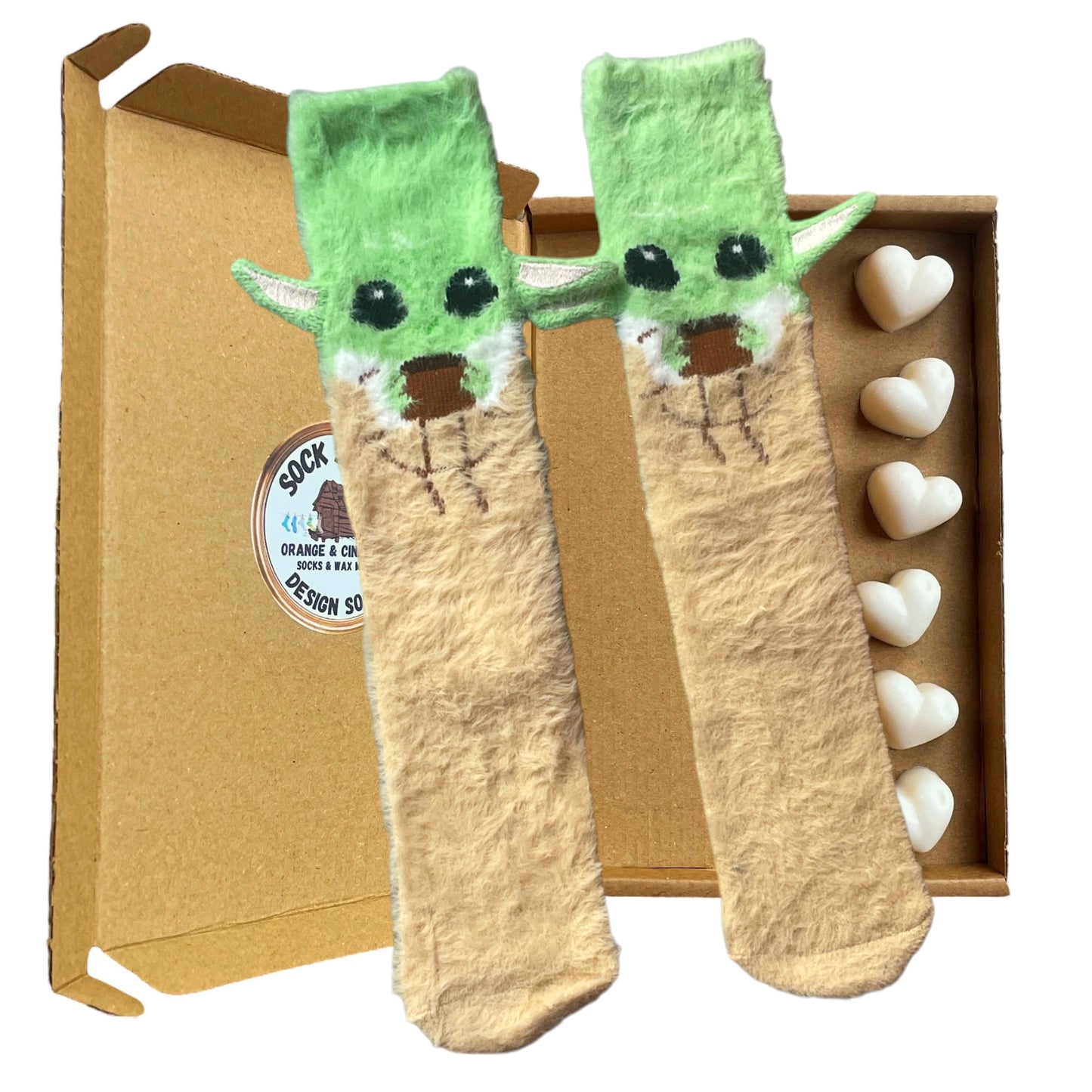 Kuschelige, flauschige, süße Slouch-Socken mit Grogu-Ohren und Wachsschmelzen für Damen, Geschenkset mit Duftauswahl