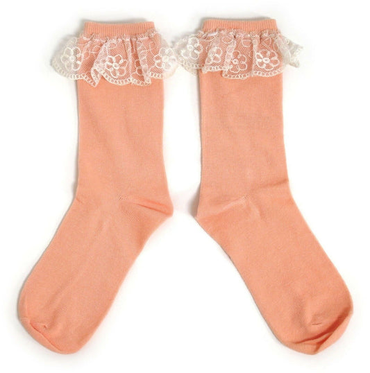 Coral Ivory Lace Hand Embellished Lace Trim Ladies Socks