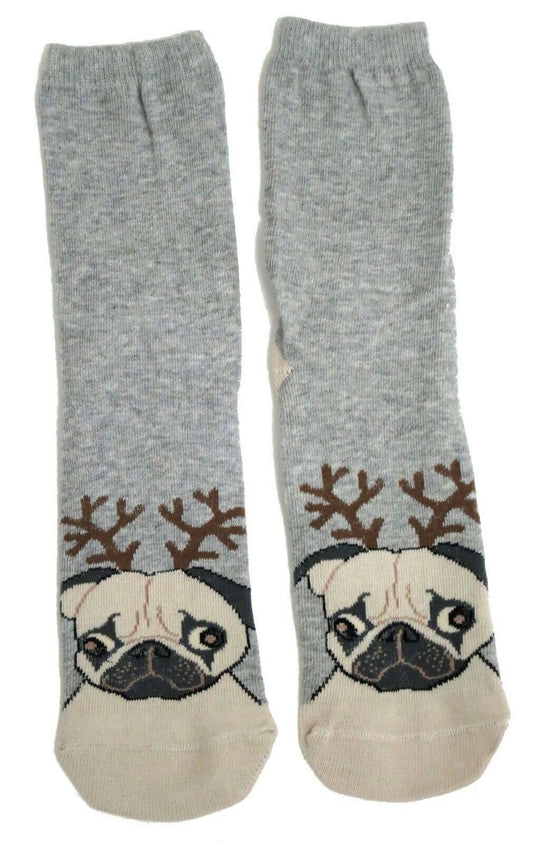Festive Pug With Antlers Christmas Ladies Socks