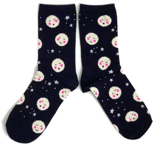 Full Moon Starry Night Midwinter Navy Blue Ladies Socks