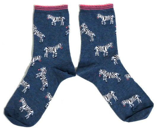 Frolicking Zebra Blue Neon Pink Detail Ladies Socks