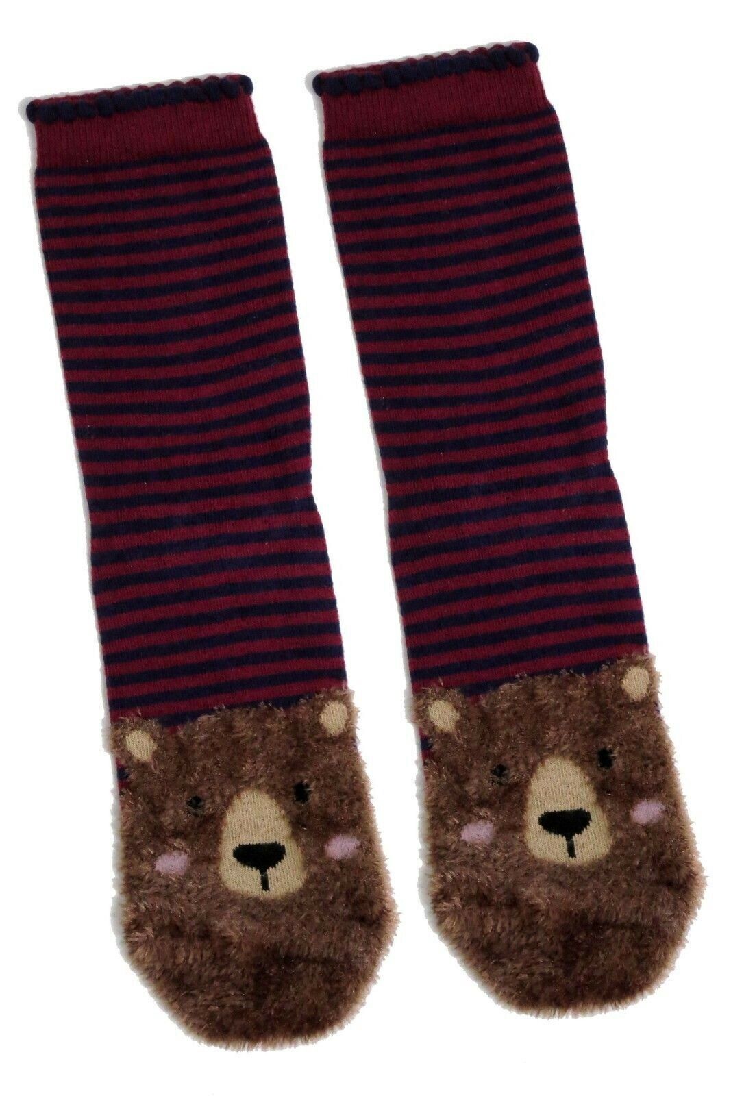 Flauschige Socken für Damen mit braunem Bärenmotiv und roten Streifen