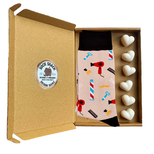 Barber Pole Salon Vintage Hipster Hairdresser Mens Socks & Wax Melts Gift Set