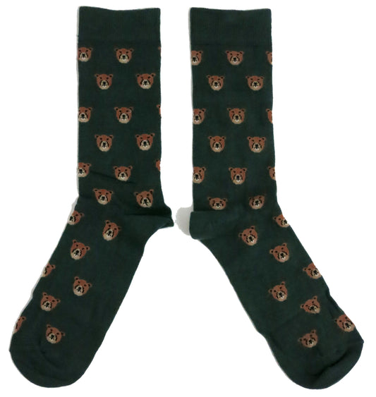 Brown Grizzly Bears Faces All Over Forest Green Cotton Blend Mens Socks