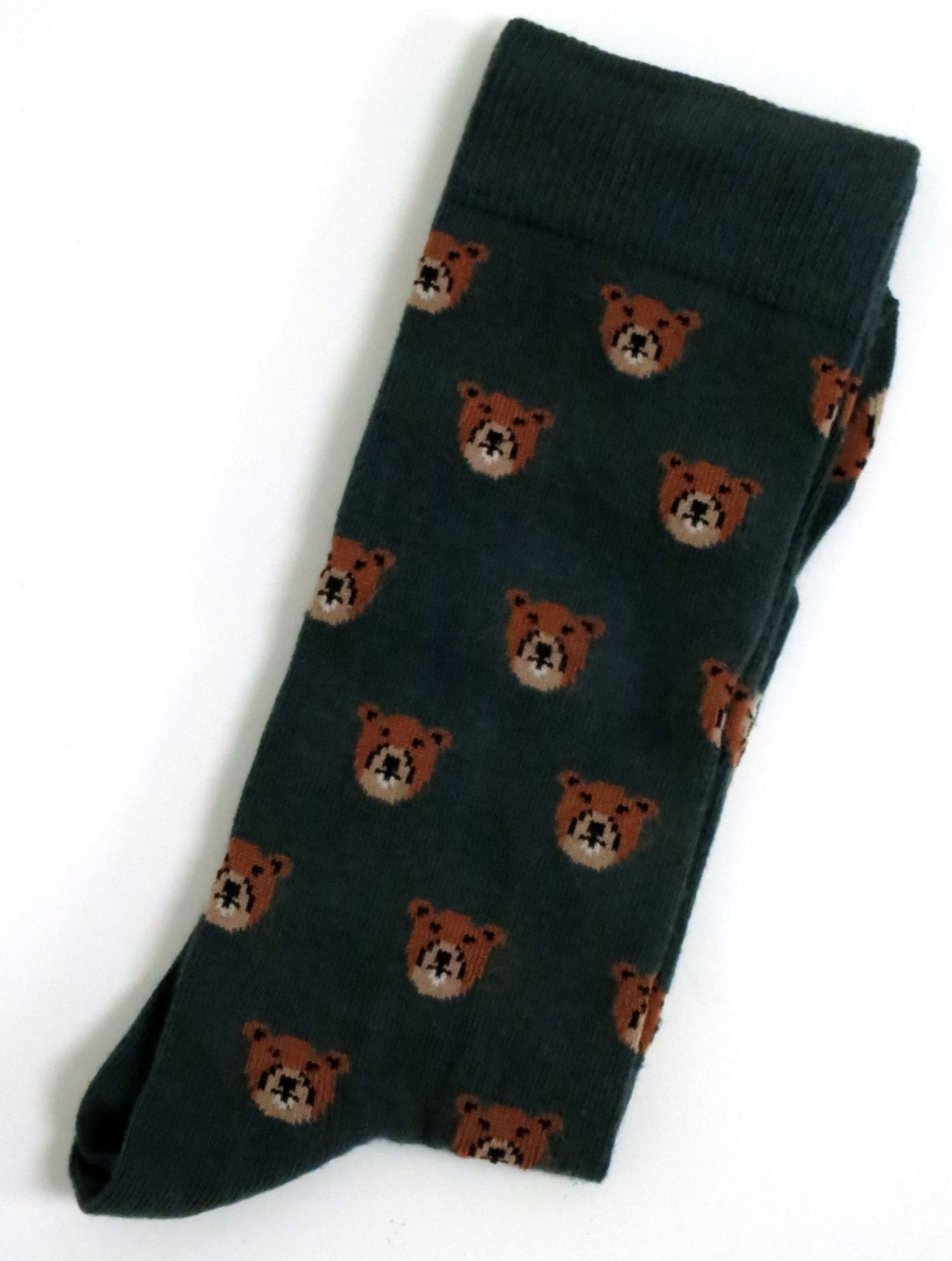 Brown Grizzly Bears Faces All Over Forest Green Cotton Blend Mens Socks