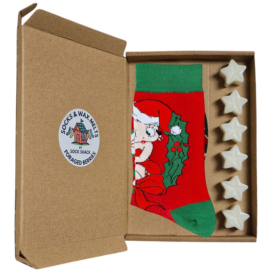 Betty Boop Wrapped up For Christmas Wreath & Bow Ladies Red Socks & Wax Melts Gift Set