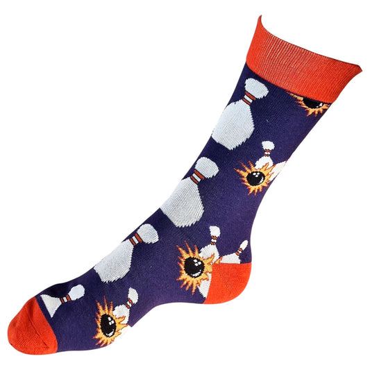 Ten Pin Triumph: Fine Knit Bowling Strikes & Skittles Fun Mens Socks