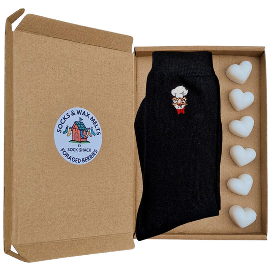 The Swedish Chef Embroidered Face Muppet Show Mens Black Socks & Wax Melts Gift Set