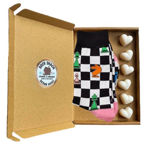 Rainbow Of Chess Pieces Strategy Chequered Ladies Socks & Wax Melts Gift Set