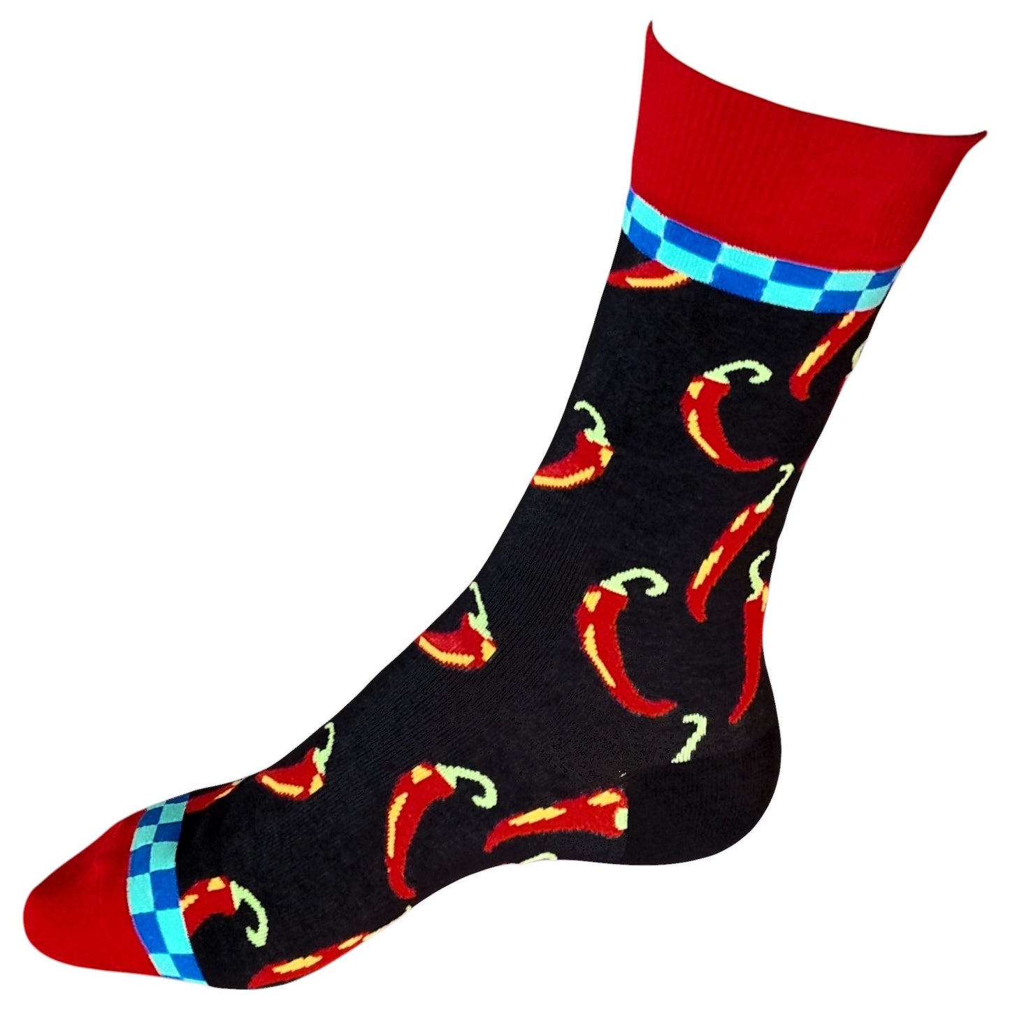 Chilli Checkmate: Fiery Red Peppers Black With Checker Cuff Ladies Socks