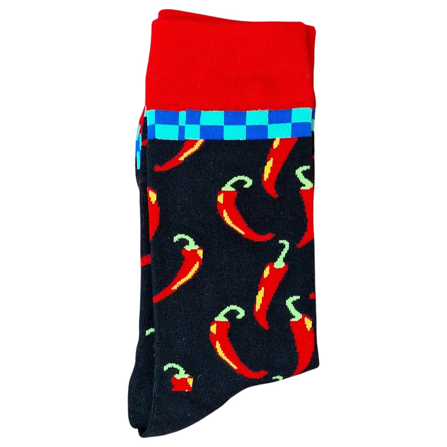 Chilli Checkmate: Fiery Red Peppers Black With Checker Cuff Ladies Socks