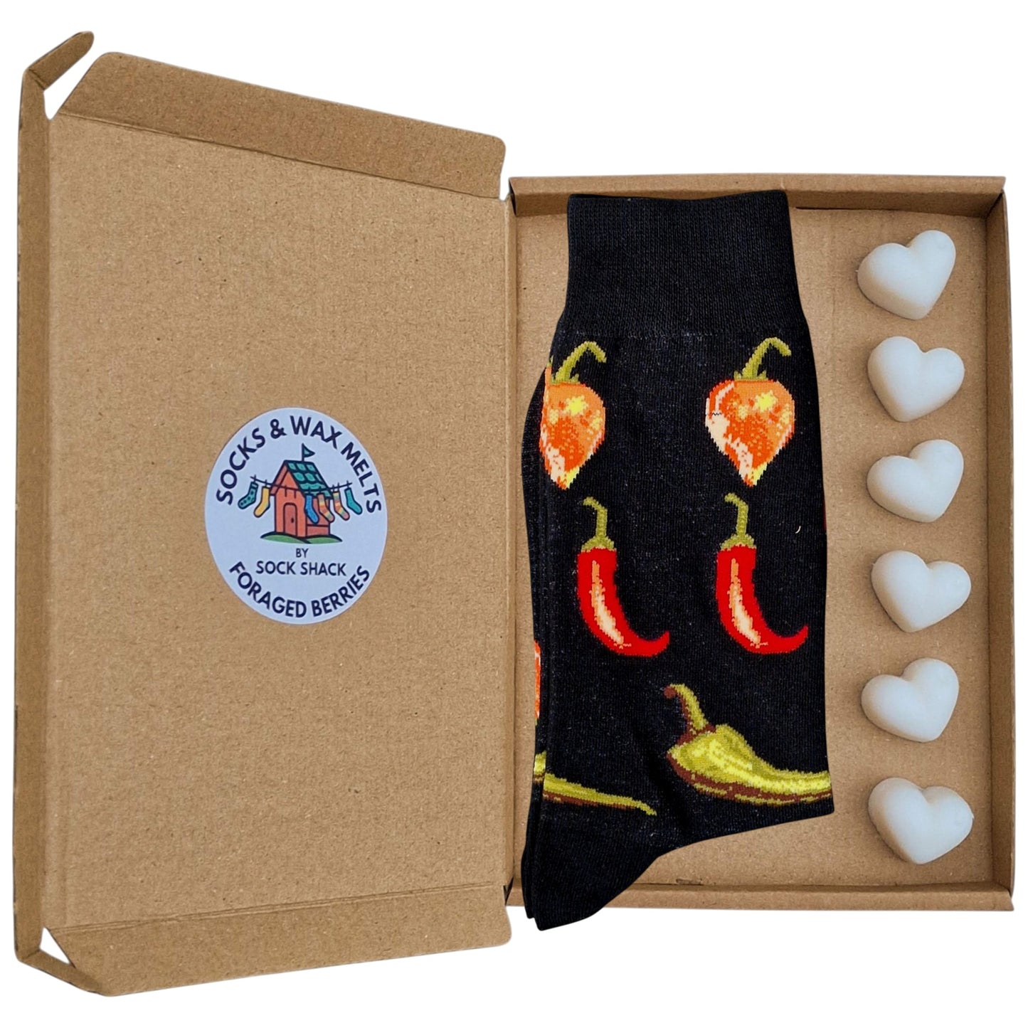 Scotch Bonnet, Fresno & Jalapeño Hot Chili Peppers Mens Black Socks & Wax Melts Gift Set