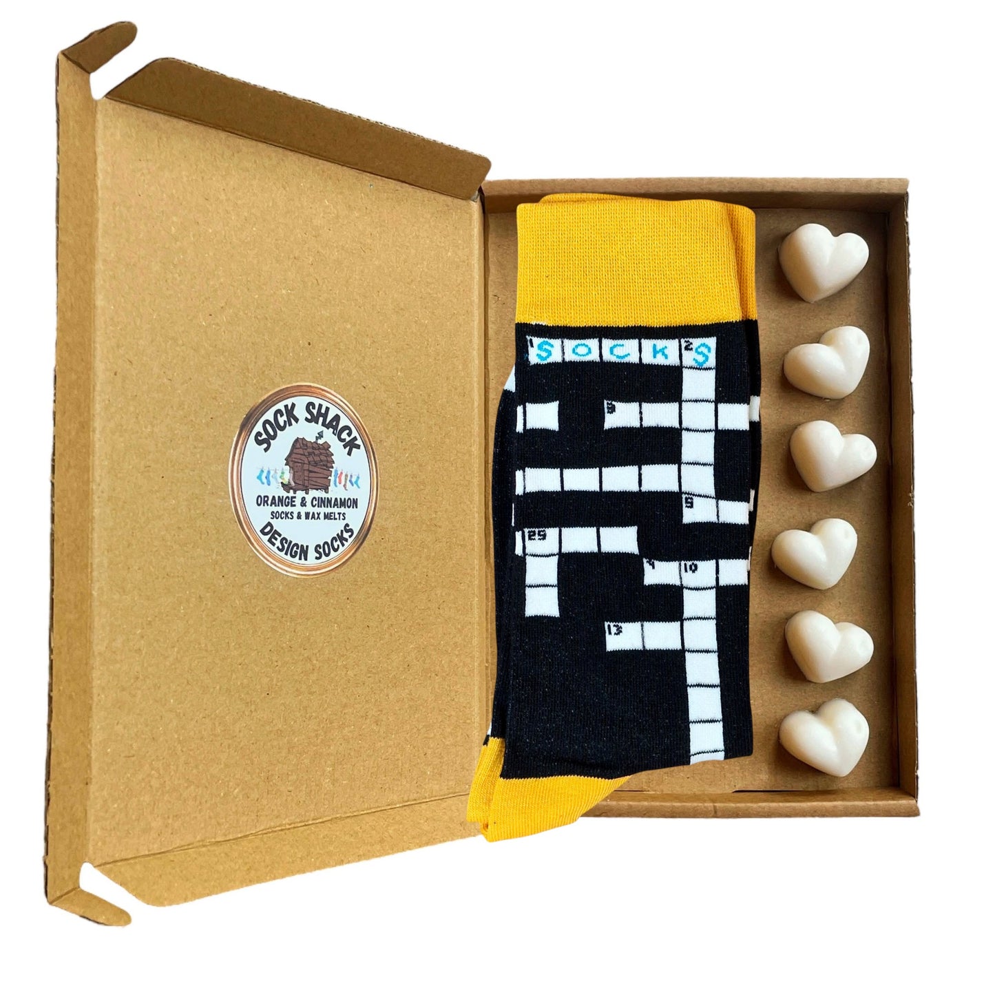 Crossword Pattern "SOCKS" Puzzle Fan Men's Socks & Wax Melts Gift Set