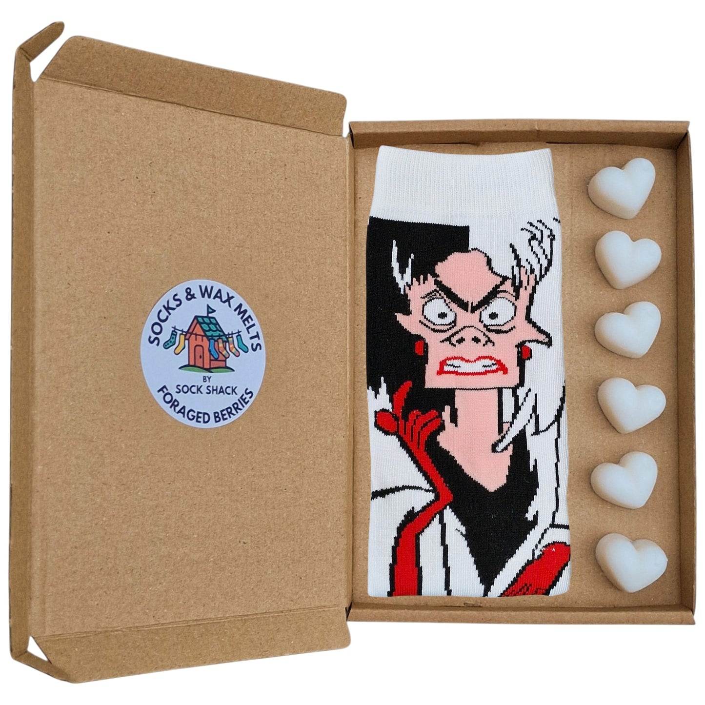 101 Dalmatians Cruella De Vil Evil Face Ladies Black & Grey Socks & Wax Melts Gift Set
