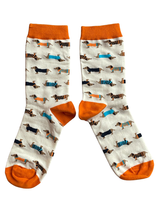 Dachshund Sausage Dogs In Tank Tops Cream Ladies Socks