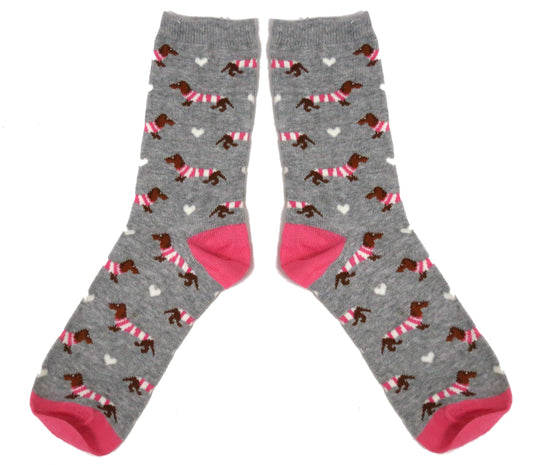 Litter Of Sausage Dogs Dachshunds In Pink Striped Jumpers Ladies Socks