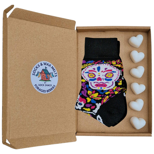Mexican Day Of Dead Skeleton Dia De Los Muertos Ladies Black Socks & Wax Melts Gift Set
