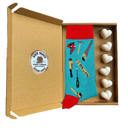 DIY Electric Drill Saw Hammer Spirit Level Tradesman Mens Socks & Wax Melts Gift