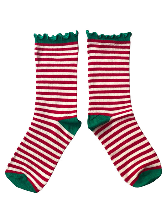 Santa's Elf Red Green Striped Frilled Ladies Socks