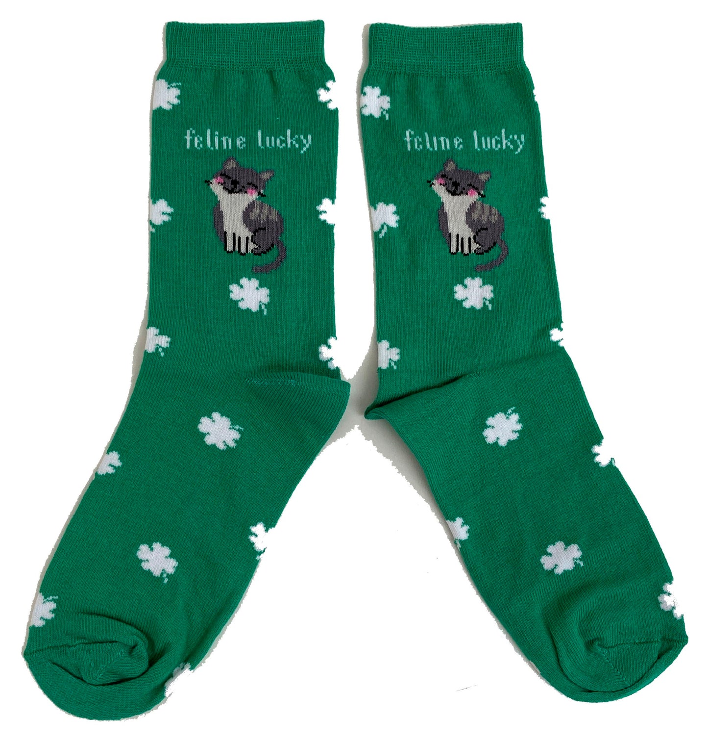 Green Shamrock Cat Feline Feeling Lucky Ladies Socks