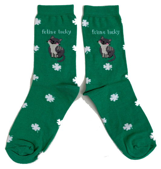 Green Shamrock Cat Feline Feeling Lucky Ladies Socks