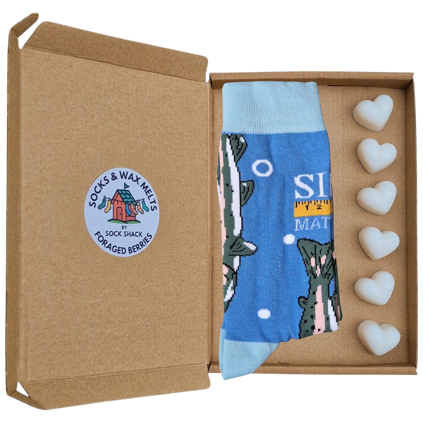 Leaping Salmon Fishing Fisherman Gift "Size Matters" Mens Blue Socks & Wax Melts Gift Set