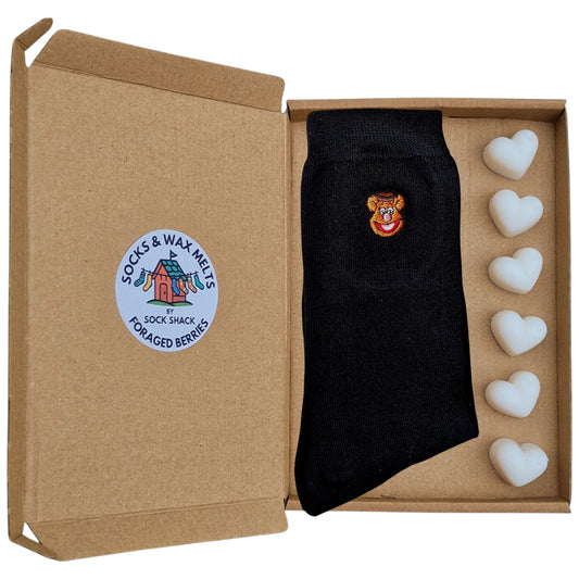 Fozzie Bear Embroidered Face Muppet Show Mens Black Socks & Wax Melts Gift Set