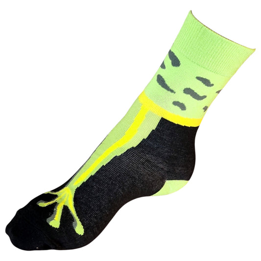 Tree Frog Grip: Black Socks with Bold Amphibian Leg Front Ladies