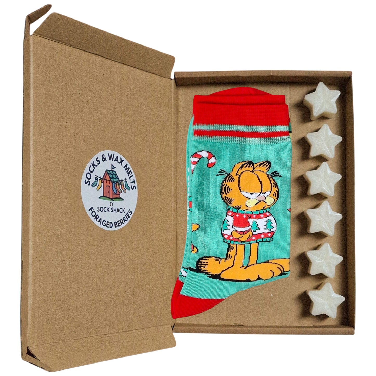 Garfield Grumpy Cat Wearing His Christmas Jumper Ladies Green Socks & Wax Melts Gift Set