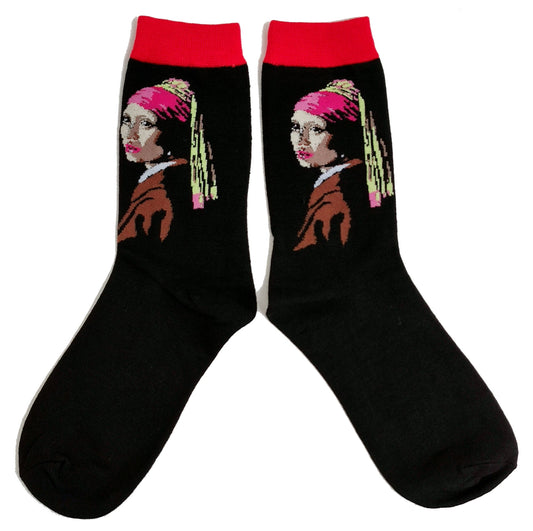Vermeer Girl With A Pearl Earring Black Ladies Socks