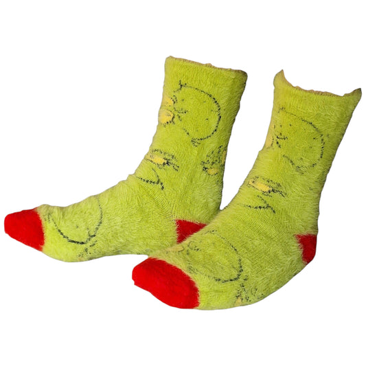 The Grinch Faces All Over Bright Green Fluffy Ladies Sock Shack Gripper Socks