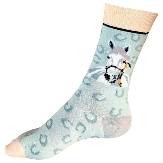 Equestrian Dreams: Soft Blue Horse & Lucky Horseshoes Ladies Socks