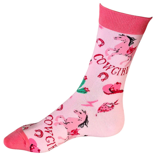 Baby Pink Cowgirl Horses, Hats, Boots & Cacti Pony Club Ladies Socks