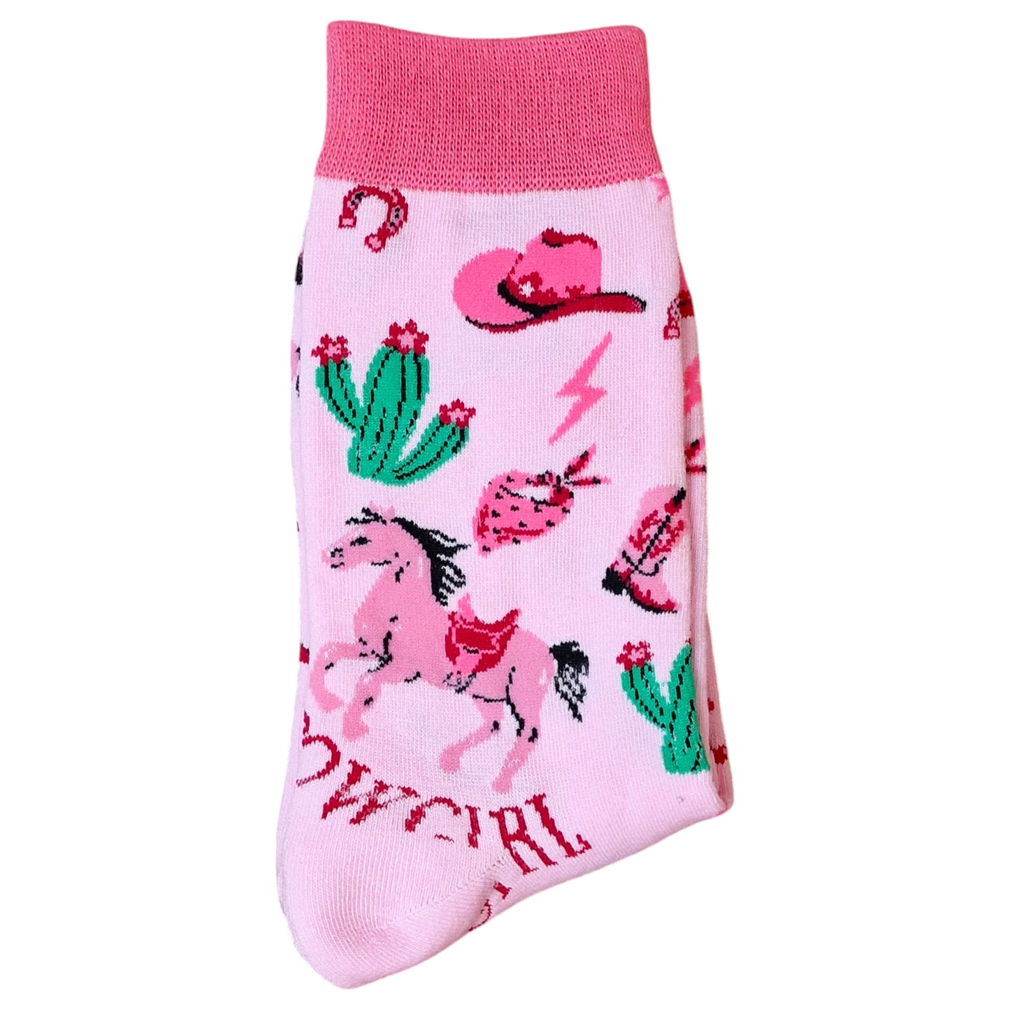 Baby Pink Cowgirl Horses, Hats, Boots & Cacti Pony Club Ladies Socks