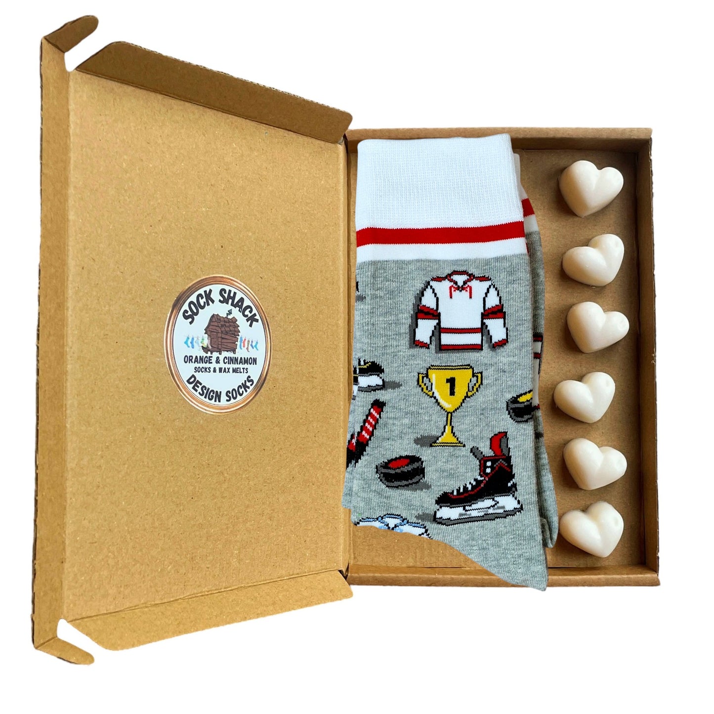 Ice Hockey Sticks Pucks Trophies Grey Men's Socks & Wax Melts Gift Set