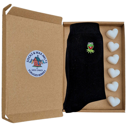 Kermit The Frog Embroidered Face Muppet Show Mens Black Socks & Wax Melts Gift Set