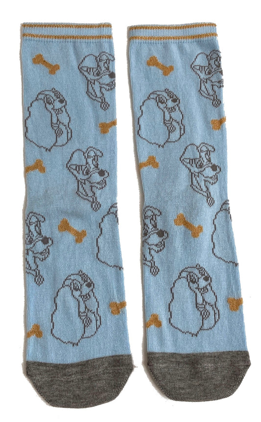 Lady & The Tramp Gold Bones & Faces Blue Ladies Socks