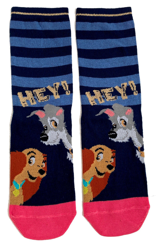 Hey Lady & The Tramp Faces Striped Blue Ladies Socks