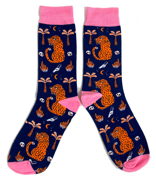 Jungle Nights Leopard Pink & Blue Mens Socks
