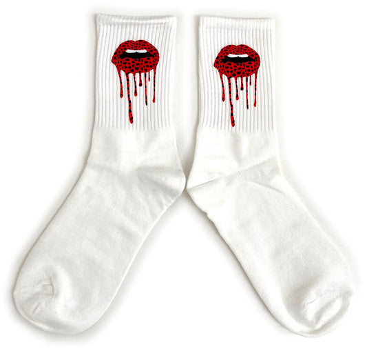 Leopard Print Dripping Glossy Lips Ribbed Ladies Socks