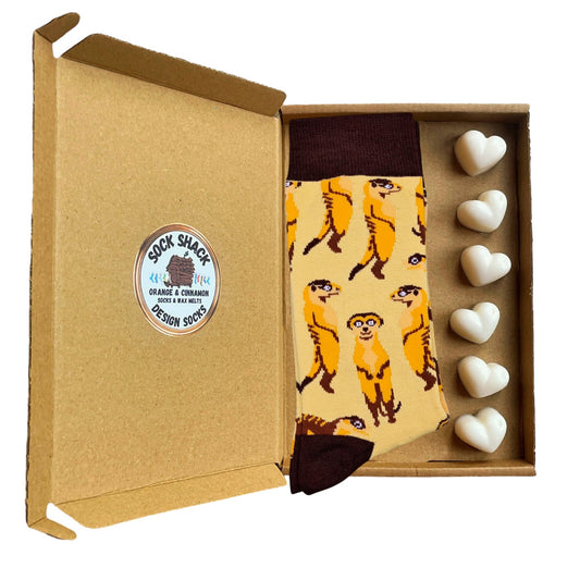 Meerkat Mania In The Desert Quirky Pattern Mens Socks & Wax Melts Gift Set