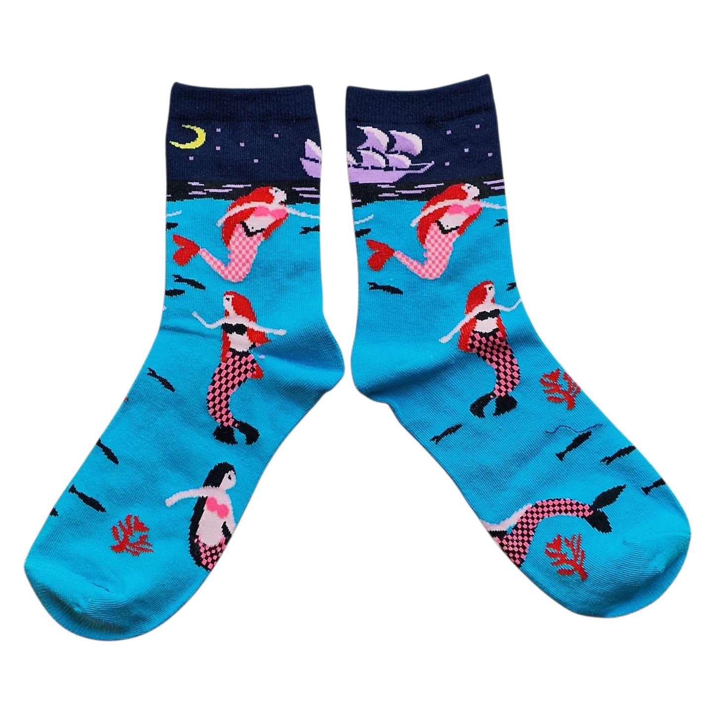 Sirens Of The Deep Nocturnal Mermaids Sailing Ship Ladies Blue Socks