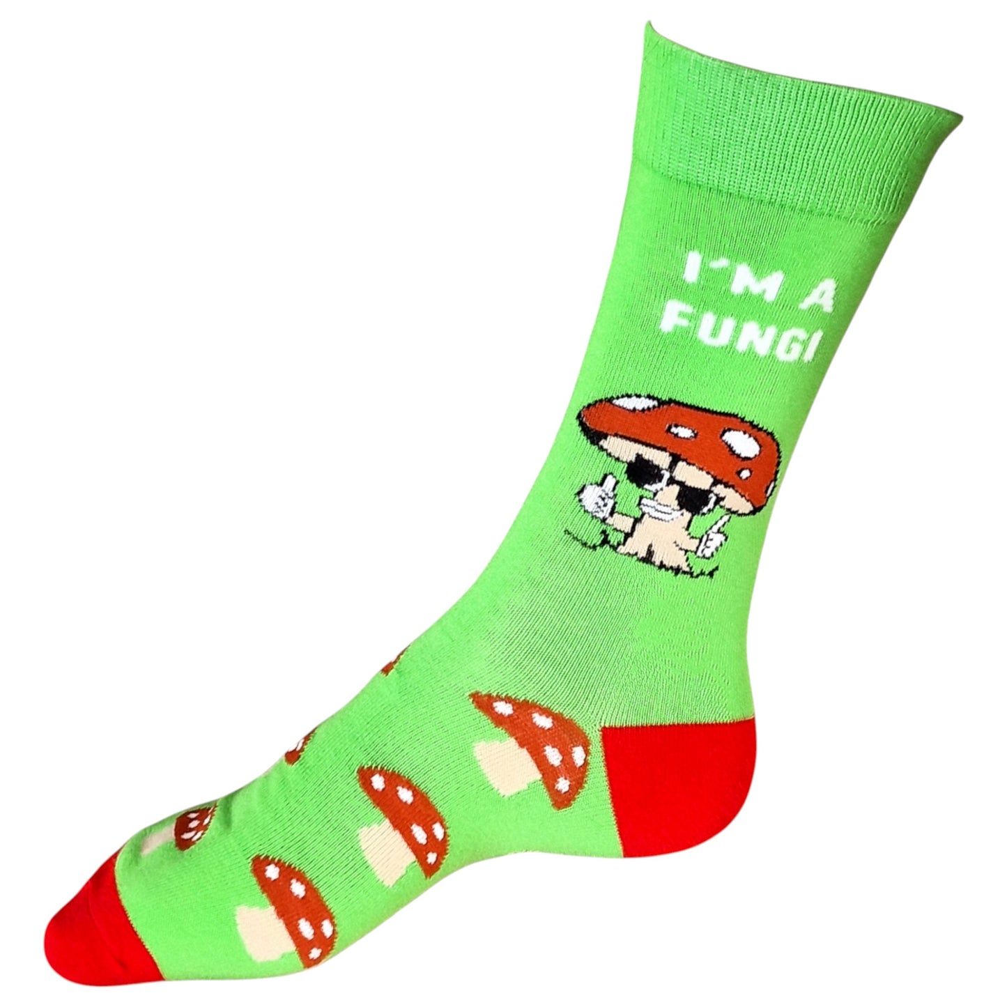 Shroom's Out! "I'm a Fungi" Bright Green Mushroom Gardening Mens Socks
