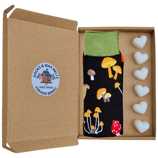 The Mushrooms Are Calling  Dark Autumn Forest Mens Black Socks & Wax Melts Gift Set