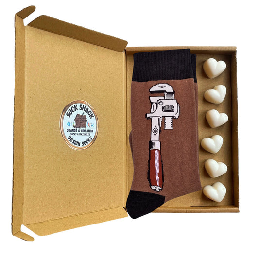 Plumbing Wrench Spanner U-Bends Plumber Tradie Mens Socks & Wax Melts Gift Set
