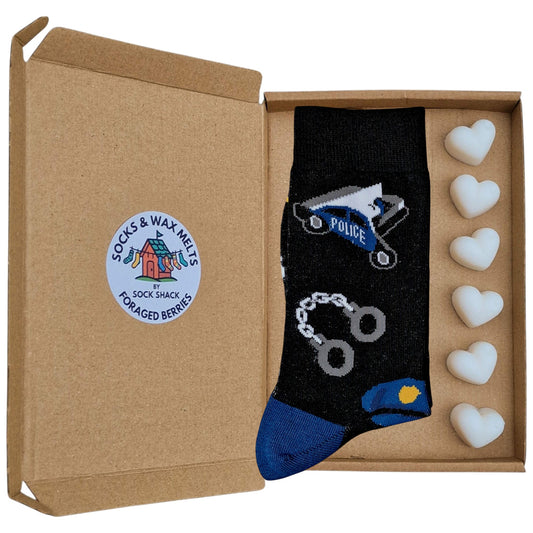 American Police Car, Hat, Handcuffs & Badge Mens Black & Blue Socks & Wax Melts Gift Set