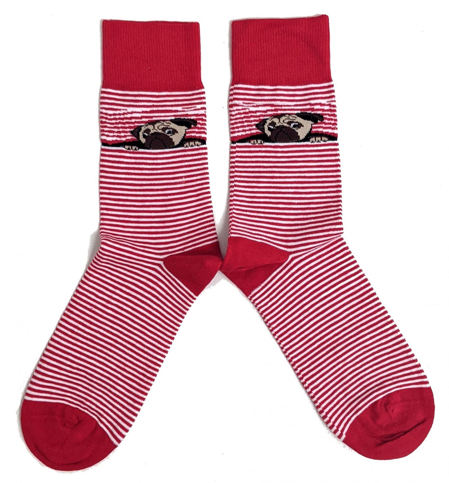 Peeping Pug Dog Red White Striped Mens Socks