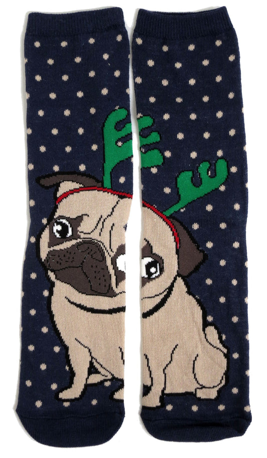 Cute Pug Dog Wearing Reindeer Antlers In The Snow Christmas Ladies Socks